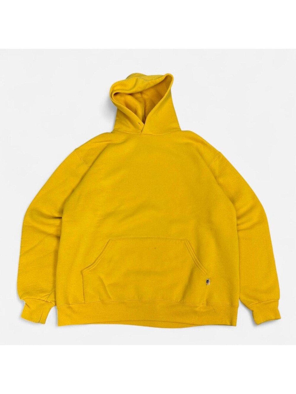 Vintage Yellow Russell Athletic 80s Blank pullover hoodie sweatshirt akimbo Larg